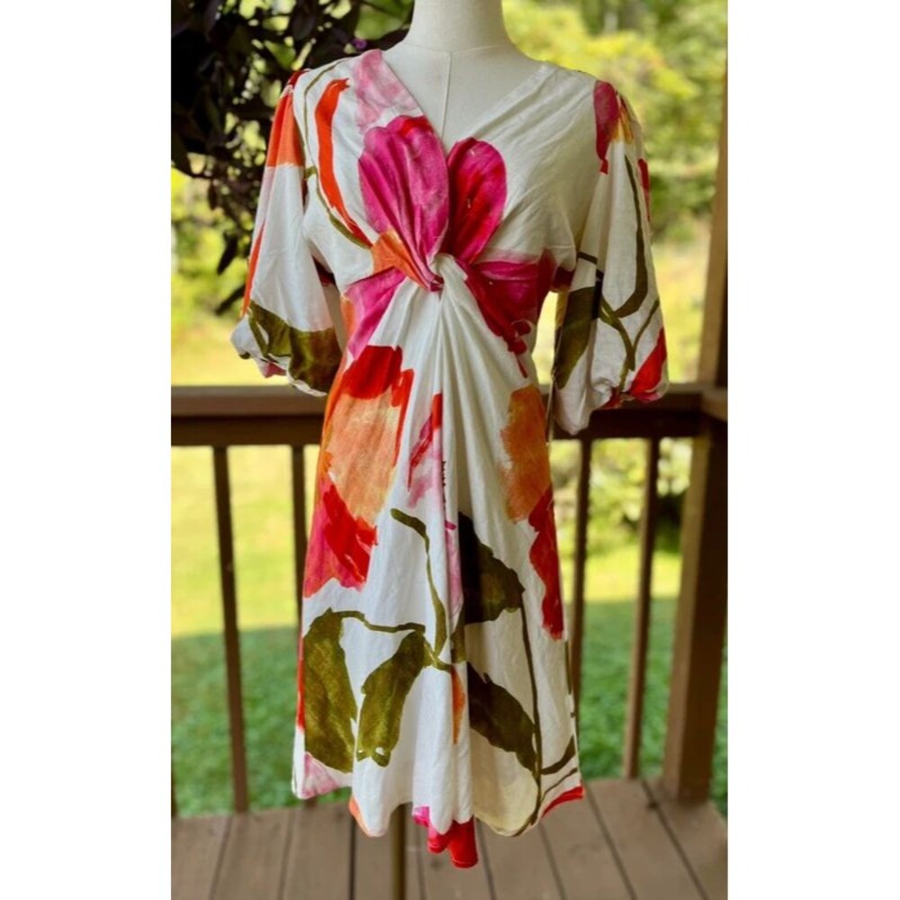 White Closet Elements Floral Linen Blend Twist Front Dress M NWT